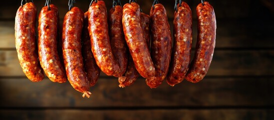 Aufkleber - Spanish dry sausages are suspended from a rack at a market against a dark wood backdrop with copyspace