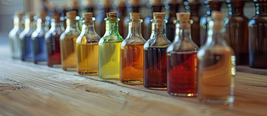 Wall Mural - Extracts of herbs in tiny bottles Selective focus Nature. with copy space image. Place for adding text or design