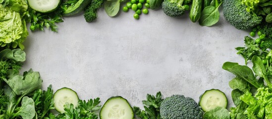 Fototapete - Background featuring a variety of green vegetables including salad broccoli cucumber peas and Brussels sprouts on a light gray stone tabletop Healthy food concept with copy space