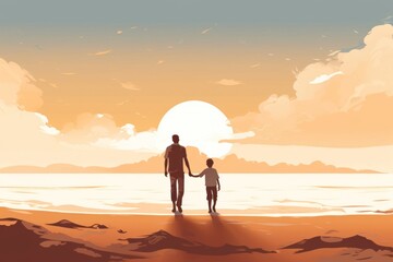 Canvas Print - father and son walking on the beach outdoors nature land.