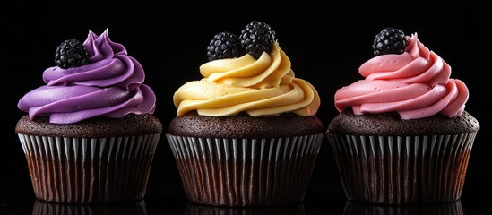 Poster - Fresh cupcakes set against a black background Culinary backdrop Pastry concept Top view. with copy space image. Place for adding text or design