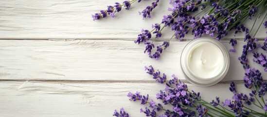 Aufkleber - Cosmetic cream product samples with lavender leaves on a white wooden table background