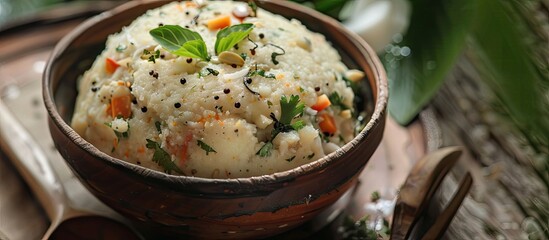 Poster - Upma Ven Pongal served with Sambar and coconut Chutney is a popular Indian breakfast dish from Tamil Nadu traditionally prepared during the Pongal festival using Rava or semolina
