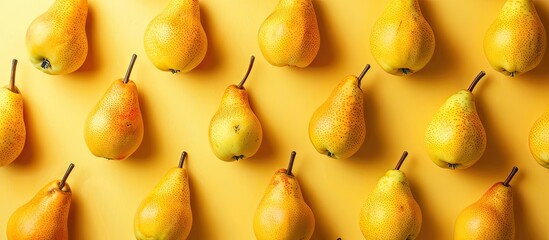 Poster - yellow pears pattern close up of a pear against a yellow background autumn fruit idea featuring ripe