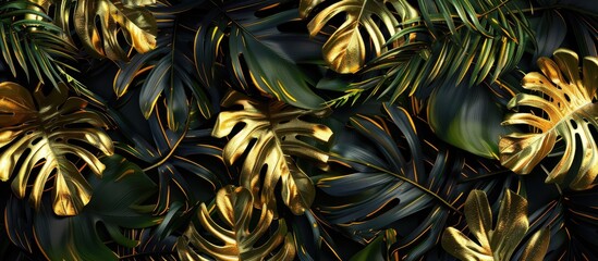 Poster - Golden tropical palm leaves adorned with Christmas decorations on a black background featuring copy space top view border