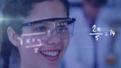 Poster - Animation of mathematical equations over caucasian schoolgirl during chemistry lesson