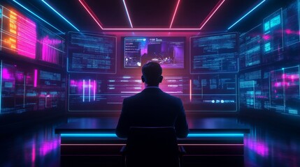 Wall Mural - Hacker In Neon Room.