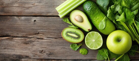 Poster - A variety of fresh green vegetables kiwi spinach avocado apple lime and celery on a rustic wooden surface Top view. with copy space image. Place for adding text or design