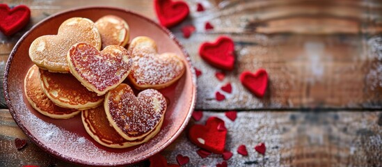 Aufkleber - Valentine s Day backdrop featuring delicious heart shaped pancakes Valentine s Day themed greeting card Top view Copyspace