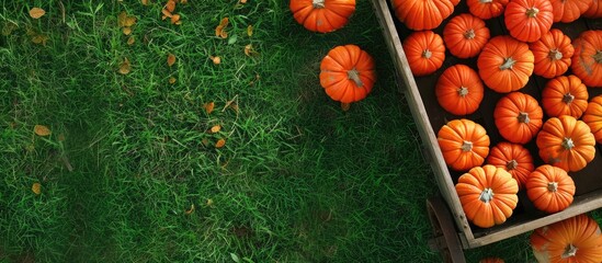 Poster - Orange pumpkin harvest wheelbarrow fall grass at an outdoor farmer s market Field garden patch Copy space for a vintage Thanksgiving background autumn theme Halloween squashes top view