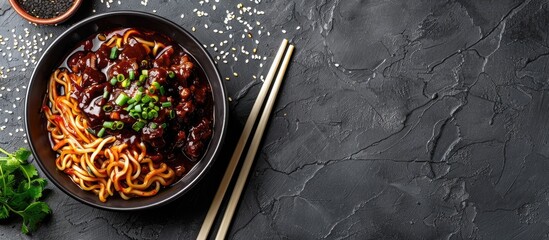 Poster - Jajangmyeon or JJajangmyeon is a Korean noodle dish served with black sauce a style of Korean cuisine. with copy space image. Place for adding text or design