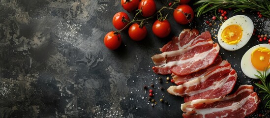 Poster - Raw sliced beef bacon prepared for cooking on a dark black concrete surface Breakfast ingredients include raw bacon cherry tomatoes eggs and rosemary Top view from above with copy space