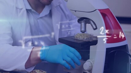Poster - animation of mathematical equations over caucasian male scientist working in lab