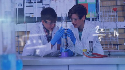Poster - animation of mathematical equations over diverse schoolchildren during chemistry lesson
