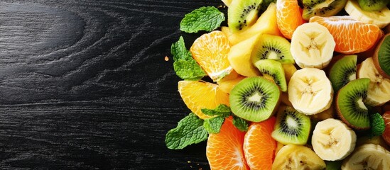 Poster - Refreshing fruit salad A healthy mix of fruit with green mint on a wooden table Fresh banana orange and kiwi combined on a black background Copyspace