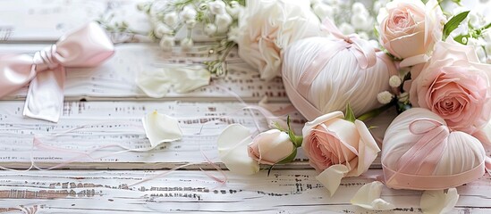 Aufkleber - Wedding decor and gift in a romantic theme pastel pink heart with silk ribbon on a white wooden table copyspace