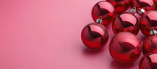 Poster - red christmas ornaments on a pink backdrop vibrant lava hue new year decoration copy space