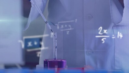 Poster - Animation of mathematical equations over caucasian female scientist working in lab