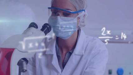 Poster - animation of mathematical equations over caucasian female scientist working in lab