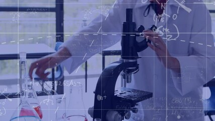 Poster - Animation of mathematical equations over caucasian female scientist working in lab