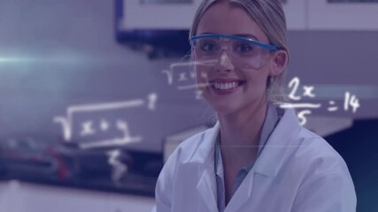 Poster - animation of mathematical equations over caucasian female scientist working in lab