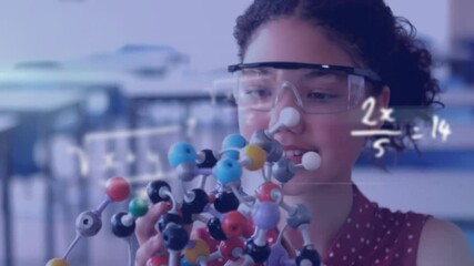 Poster - animation of mathematical equations over biracial schoolgirl during chemistry lesson