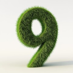 3D number 9 with grass texture realistic modern design, soft lighting, white background 