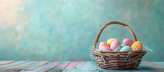 Aufkleber - basket filled with vibrant Easter eggs on a blue wooden backdrop selective focus tinted image. with copy space image. Place for adding text or design