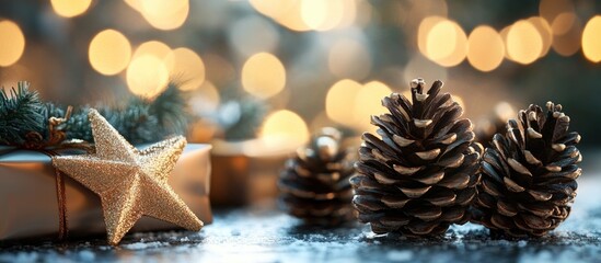 Poster - Christmas decor featuring pine cones and ornamental gifts with a golden star bokeh backdrop. with copy space image. Place for adding text or design