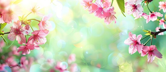 Aufkleber - Beautiful natural setting featuring pink sakura flowers and stunning Cherry Blossom against a green blurred backdrop on a sunny Easter day. with copy space image. Place for adding text or design