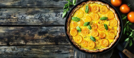 Fototapete - Tart featuring yellow tomatoes and cheese in a pan on an aged wooden background with copyspace
