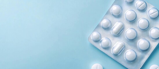 Aufkleber - Medical drugs in packaging and in bulk on a blue backdrop Copyspace flat lay