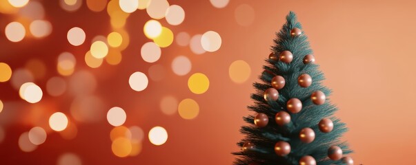 A 3D Christmas tree adorned with gold ornaments, standing against a warm orange background with soft glowing bokeh lights, creating a festive ambiance.