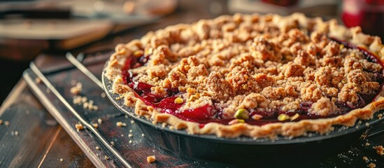 Aufkleber - Close up of a homemade plum pie topped with pistachio crumble placed on a baking tray outside. with copy space image. Place for adding text or design