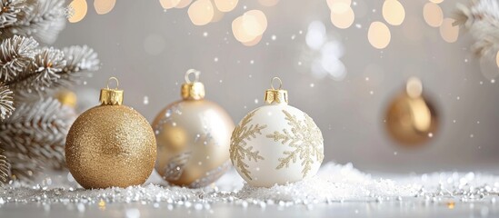 Poster - Gold and white Christmas ornaments on a white background Merry Christmas card Winter holidays theme Happy New Year Room for text. with copy space image. Place for adding text or design