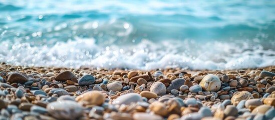 Poster - Sea waves on a pebble beach create a textured background Clear ocean water rocky shore pattern summer mockup with copyspace stone shoreline vacation idea