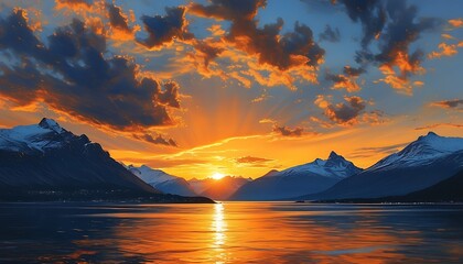 Wall Mural - As the sun sets, golden sunshine shines on the tranquil picture of the mountains and water, and the sky presents warm orange and dark blue.