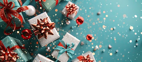 Poster - Banner featuring numerous gift boxes adorned with velvet ribbons and paper decorations against a turquoise background Christmas backdrop. with copy space image. Place for adding text or design