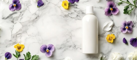 Poster - White squeeze bottle for cosmetic cream and pansy flowers on a marble background with copy space Top view Unbranded lotion balm hand cream and moisturizer mockup