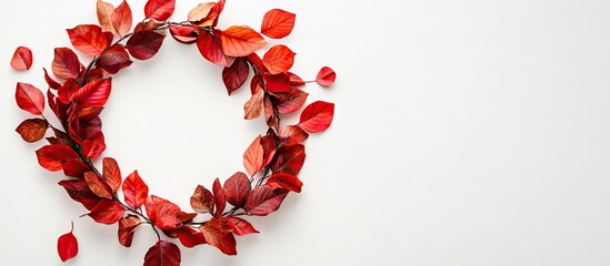 Poster - Autumn arrangement Wreath created from red autumn leaves and flowers Flat lay top view copy space square
