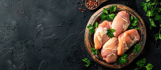 Poster - Cut raw chicken breast fillet on a plate Dark background Top view Copyspace