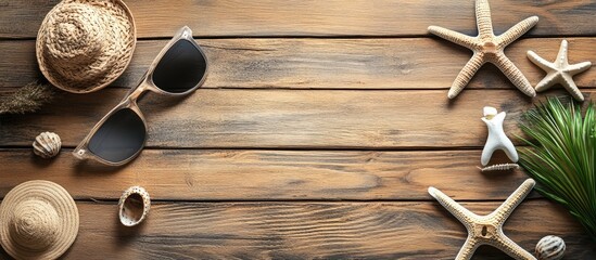 Poster - Items for summer vacations on a wooden background Top view copy space