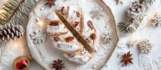 Poster - Traditional German Christmas stollen set against a white background Copy space