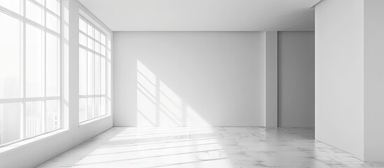 Poster - Perspective of a large vacant room featuring blank frames and a window. with copy space image. Place for adding text or design