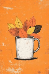 Canvas Print - Retro coloring book illustration of a creative composition featuring dried autumn leaves in a cup against an orange backdrop Fall themed design with ample space for creativity