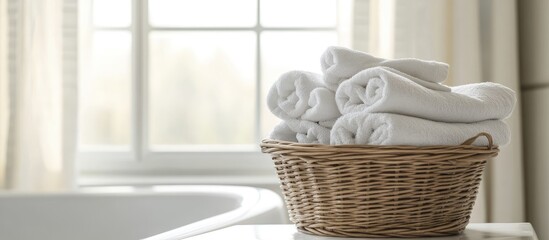 Aufkleber - Stack of clean laundry in a basket in the bathroom Area for text. with copy space image. Place for adding text or design