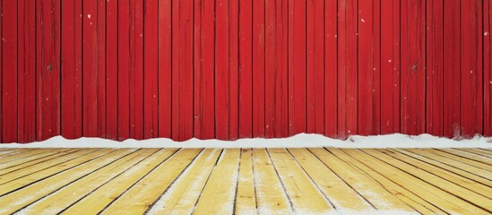 Aufkleber - Wooden wall featuring a frame and empty area the yellow wooden boards are set against a red wood background presenting a new and clean surface blanketed with snow in winter. with copy space image