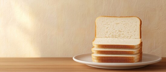 Poster - A plate holding a stack of white bread slices on a wooden table Space for text. with copy space image. Place for adding text or design