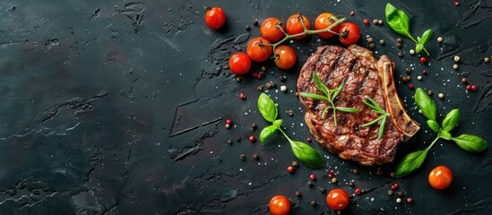Poster - Grilled ribeye beef steak with herbs and spices on a dark table Top view Copyspace for your text