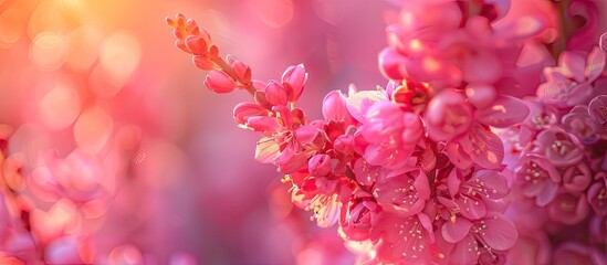 Aufkleber - Close up of a pink flower in sunlight top view of a Needle flower used as a fresh ecological background concept. with copy space image. Place for adding text or design